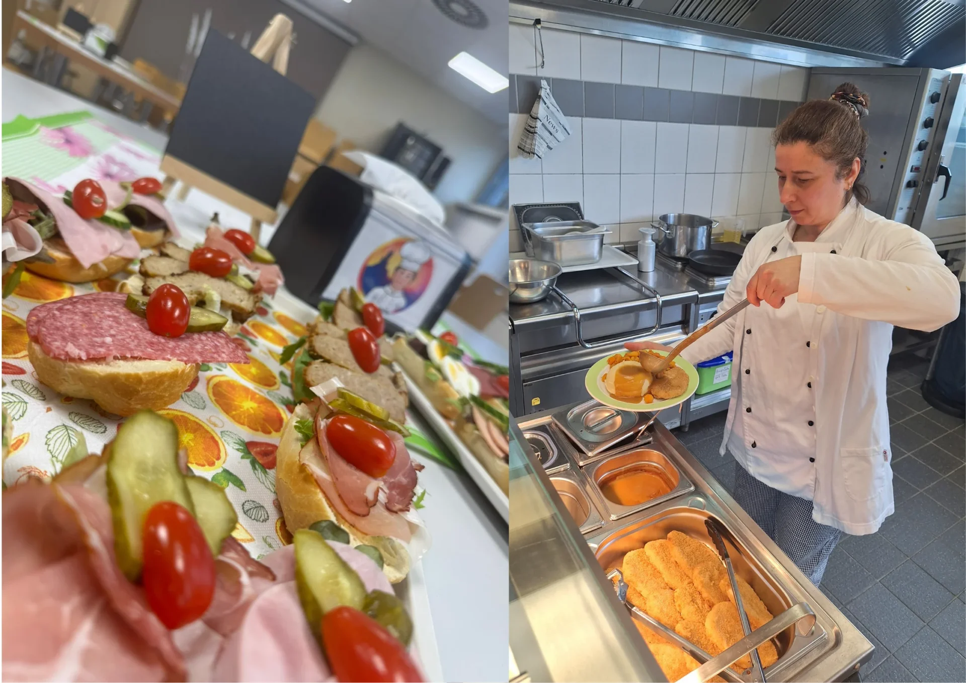 Collage aus zwei Fotos: Links verschiedene liebevoll belegte Brötchen und Snacks mit Wurst, Gurken und Tomaten auf einem Buffet. Rechts eine Mitarbeiterin in Küchenkleidung beim Servieren eines warmen Mittagessens in einer Großküche.