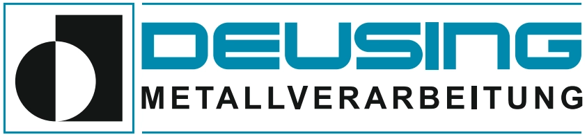DEUSING Metallverarbeitung Logo mit abstraktem Symbol, blauem Firmennamen und schwarzer Unterzeile.
