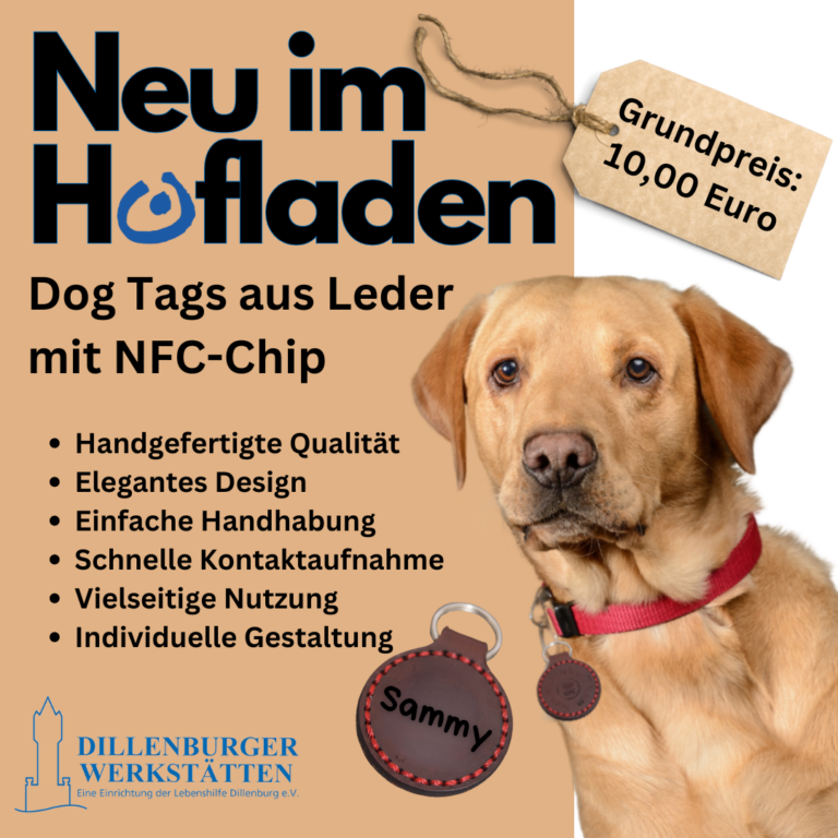Handgemachte Hundemarke mit NFC-Chip, personalisierbar, neu im Hofladen, ab 10 Euro.