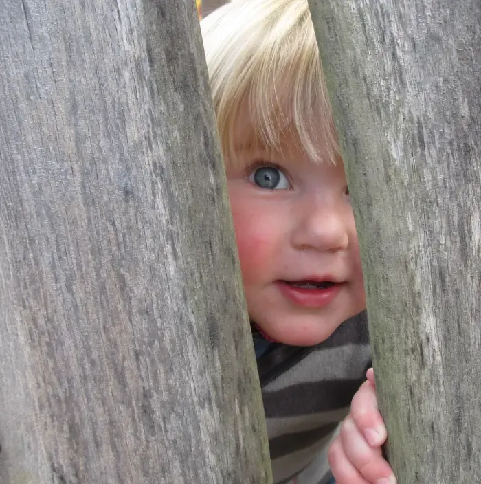 Neugieriges blondes Kind blickt durch Holzzaun, blaues Auge, ländliche Kindheit, Headerbild.