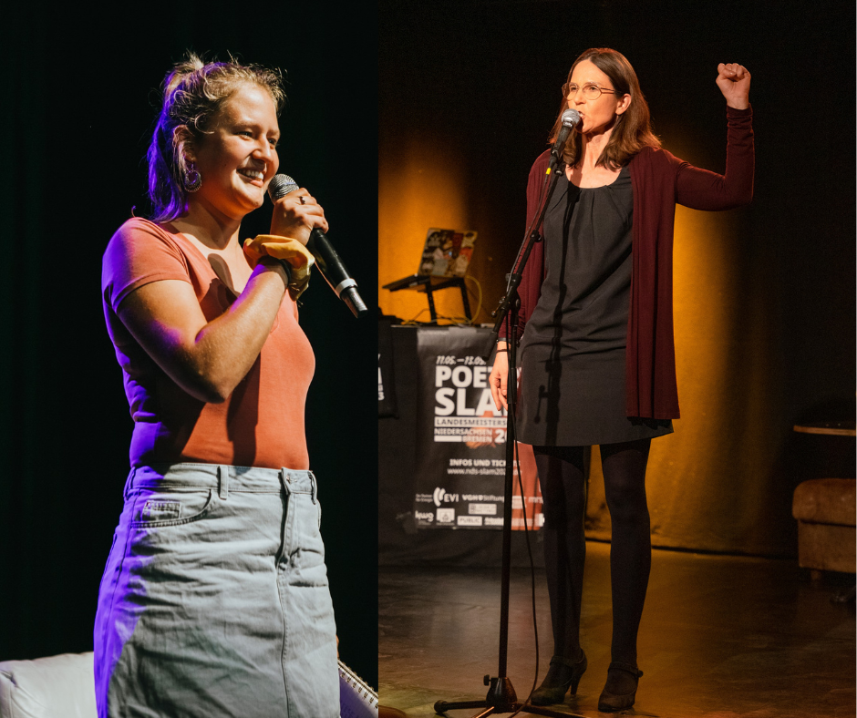 Leah Weigand und Theresa Sperling treten beim Herborner Scheunen Slam am Mikrofon auf.