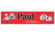 Paul Le Baker Bäckerei-Logo auf rotem Hintergrund mit Bäcker, Brot- und Kaffee-Symbolen.