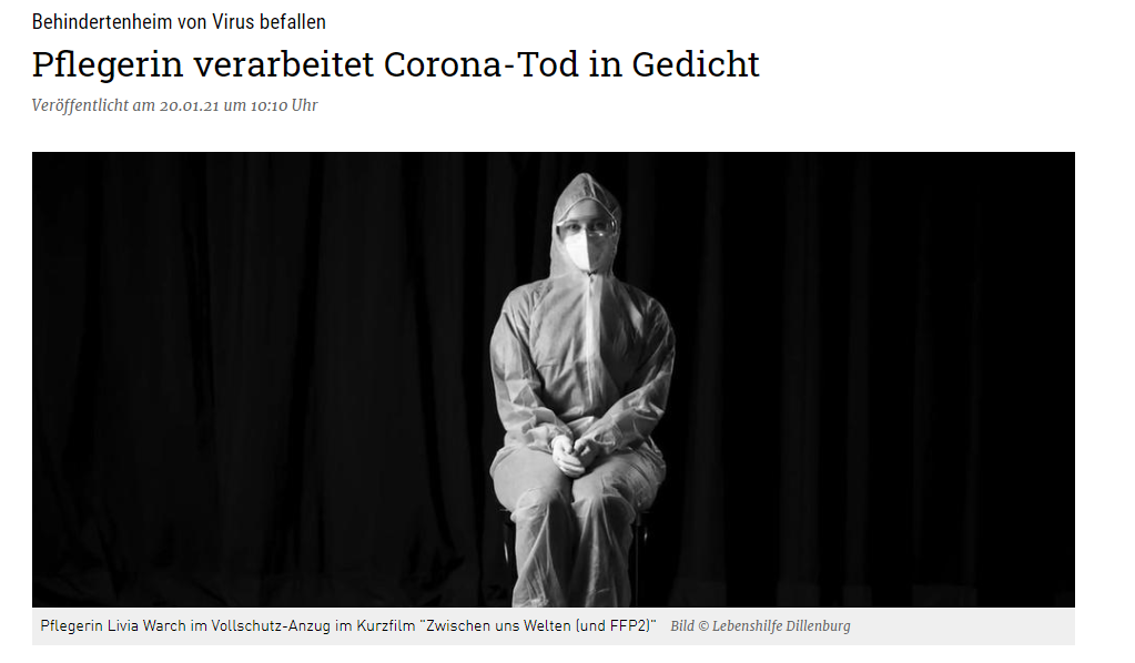 Pflegerin im Schutzanzug mit FFP2-Maske, Porträt zur Corona-Trauer und Poesie.