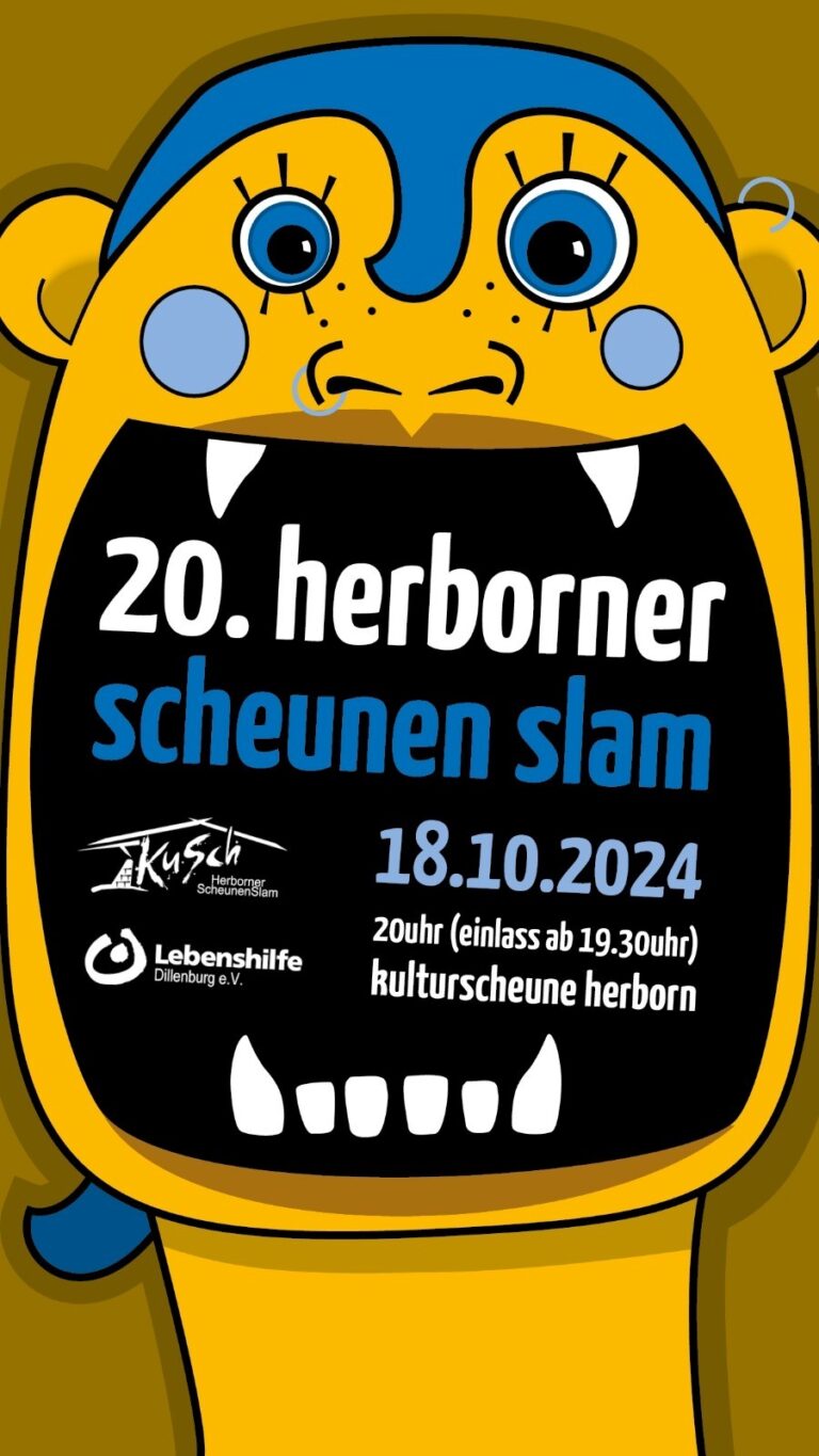 Poster: 20. Herborner Scheunen Slam am 18.10.2024, Kulturscheune Herborn, 20 Uhr.