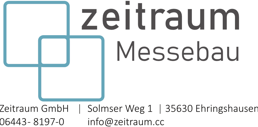 Logo zeltraum Messebau mit zwei überlappenden hellblauen Quadraten und grauem Schriftzug